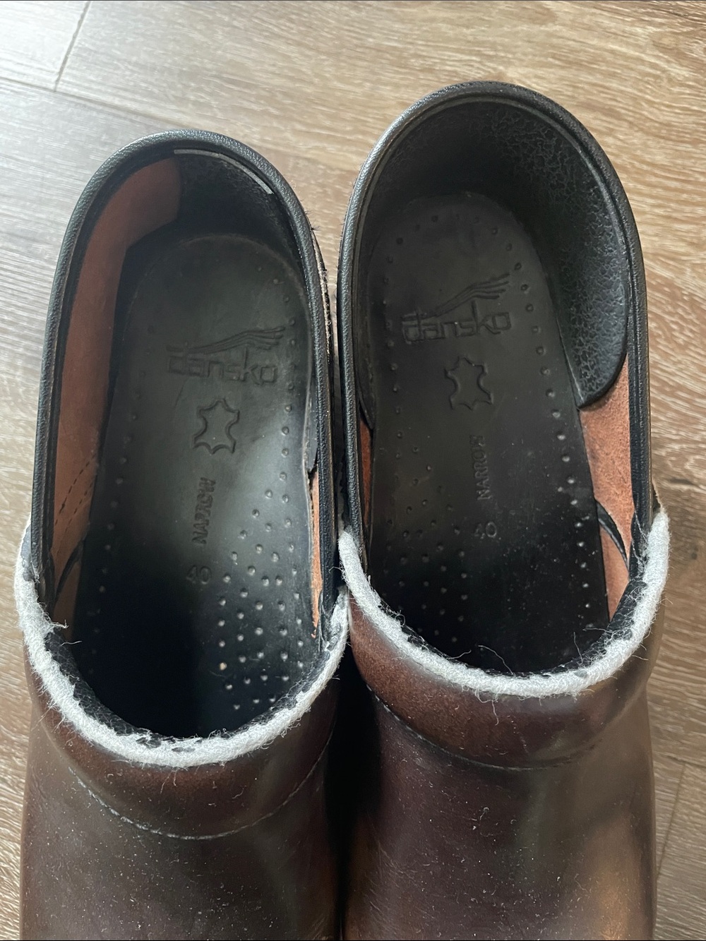 Dansko Brown Leather Slip-On Clogs with Black Insoles